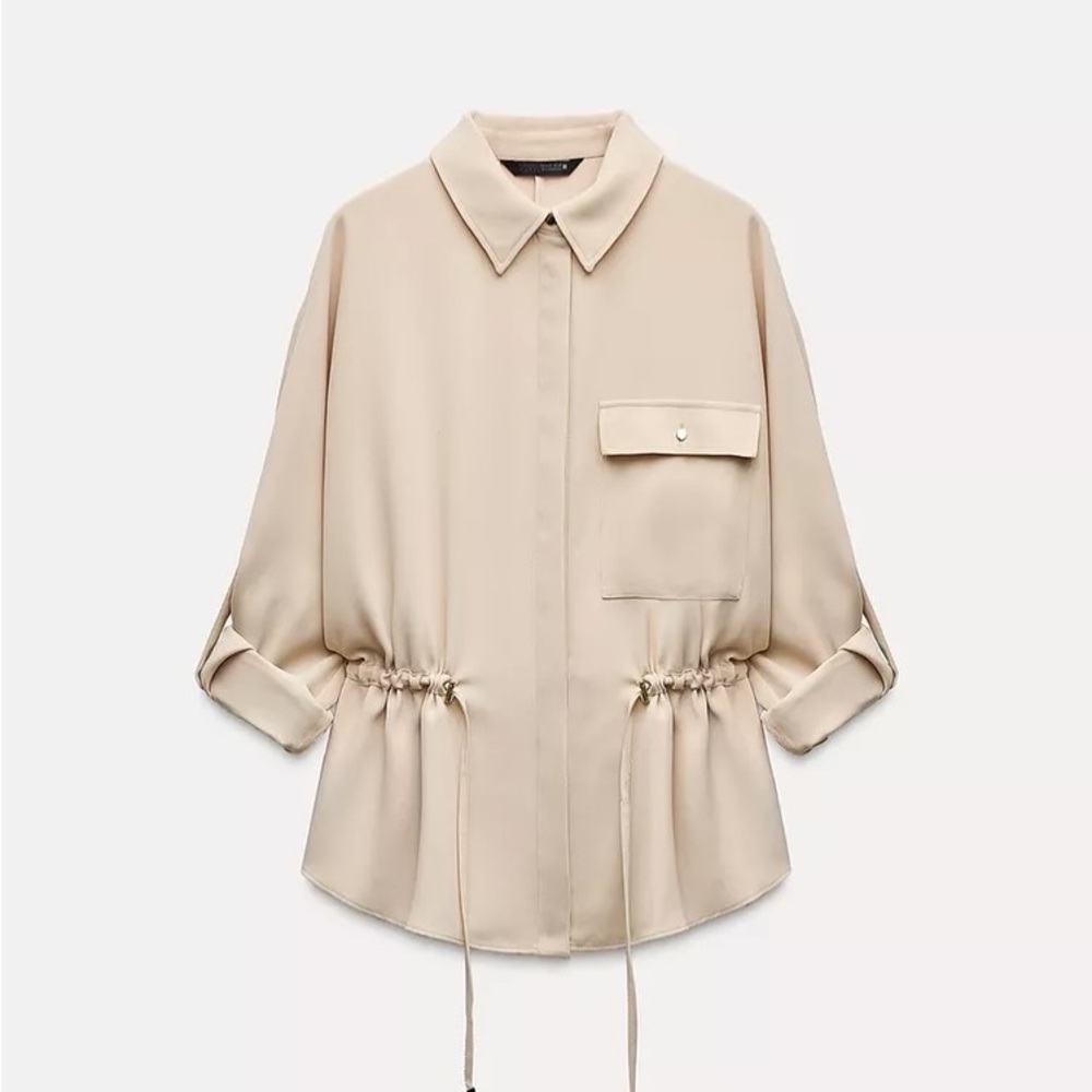 Zara Safari Crepe Cream Blouse with Drawstring Waist - size Small NWT